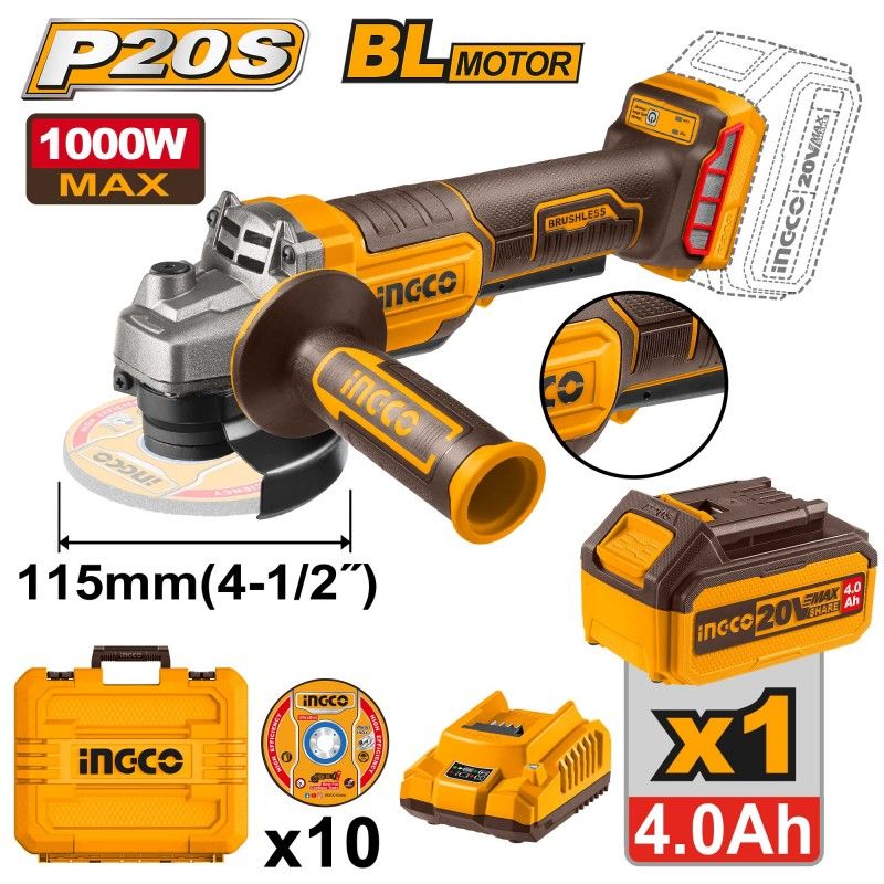 Smerigliatrice Angolare Brushless Ingco 20V 115mm - Kit con Batteria 4.0Ah, Caricatore e Valigetta