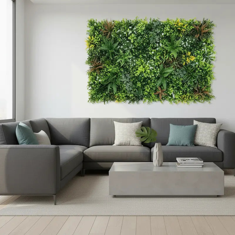 Pannello di siepe artificiale 3D applicato su parete interna in un soggiorno moderno con divano grigio - Iaia Distribuzione