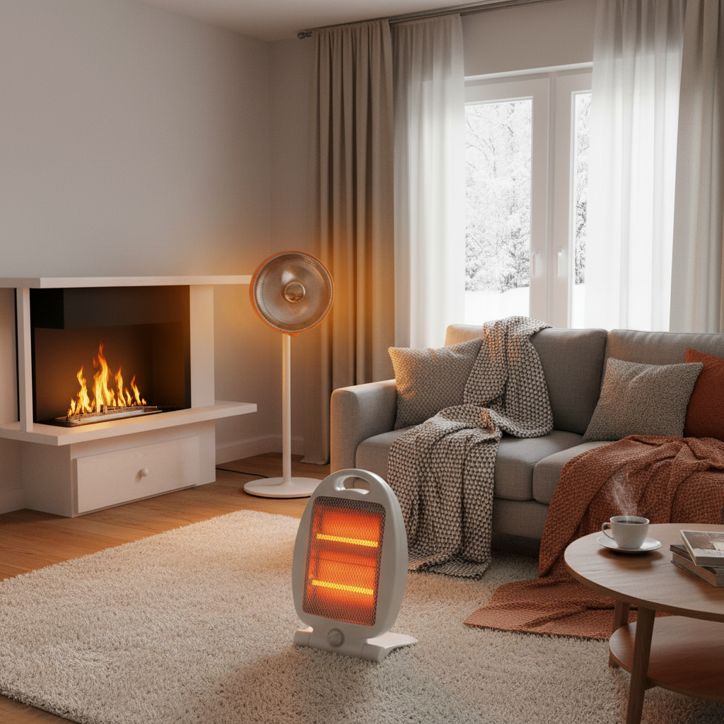 Soggiorno caldo con biocamino, stufa a piantana e stufa elettrica - Termo Clima | Iaia Distribuzione