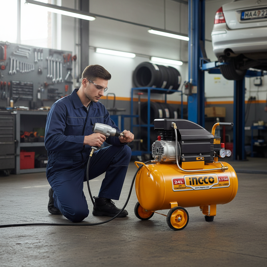 Meccanico che utilizza un compressore d'aria INGCO 24L in officina - Utensileria Pneumatica | Iaia Distribuzione