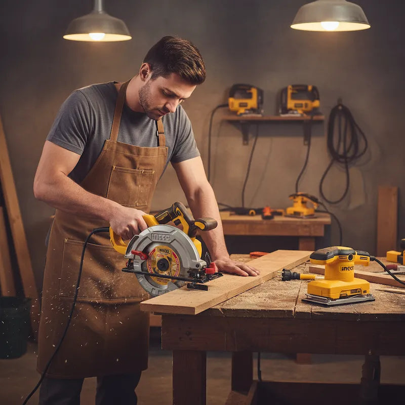 Operaio che usa sega circolare e levigatrice INGCO a cavo in officina - Utensili Elettrici | Iaia Distribuzione