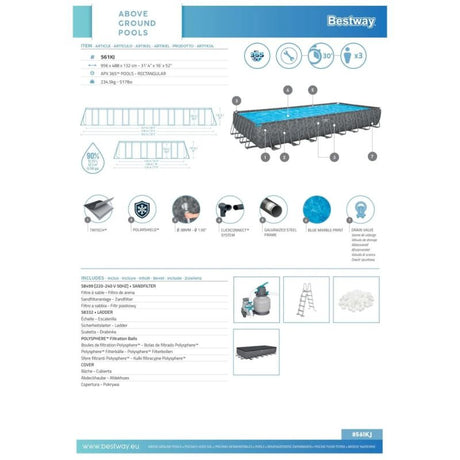 Bestway APX 365 9,56x4,88x1,32 m – Piscina Fuori Terra Rettangolare 56625