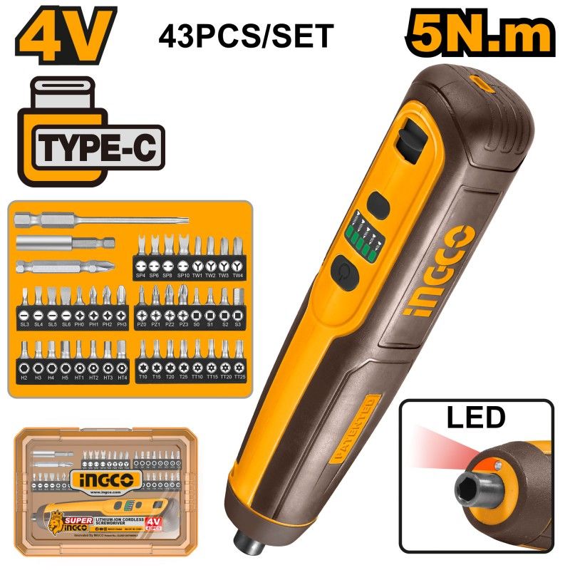 Cacciavite a Batteria 4V Ingco con Set 43 Inserti