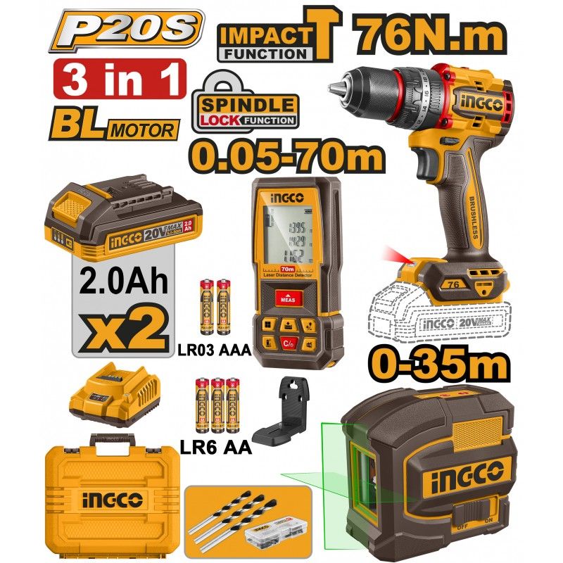 Combo INGCO 20V, Trapano Brushless 76Nm + Kit Laser, COSLI250511E