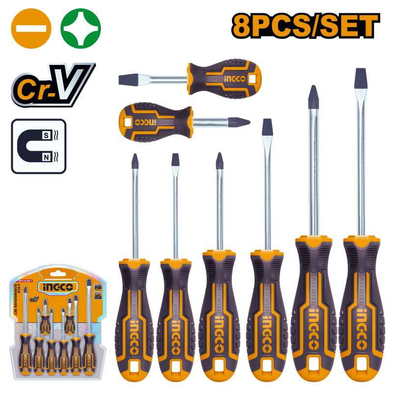 Set 8 Cacciaviti Magnetici Taglio e Croce - INGCO HKSD0828