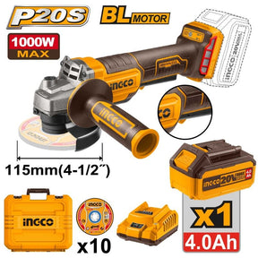 Smerigliatrice Angolare Brushless Ingco 20V 115mm - Kit con Batteria 4.0Ah, Caricatore e Valigetta