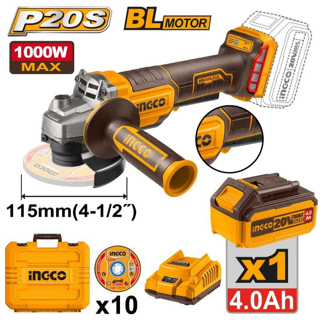 Smerigliatrice Angolare Brushless Ingco 20V 115mm - Kit con Batteria 4.0Ah, Caricatore e Valigetta